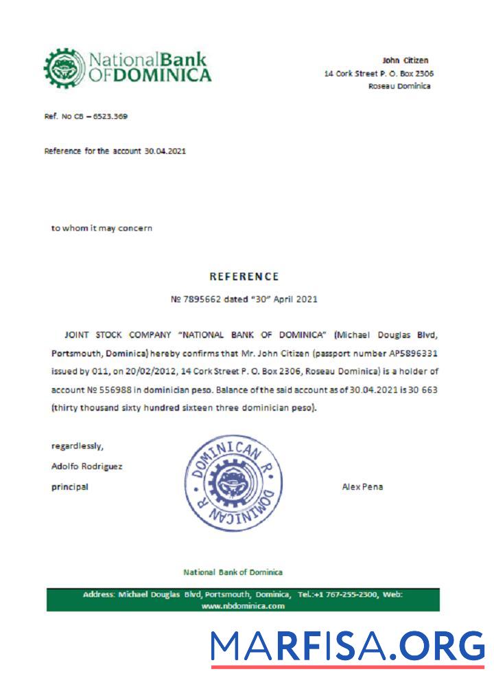 Realistic Dominicia National Bank of Dominica reference real example